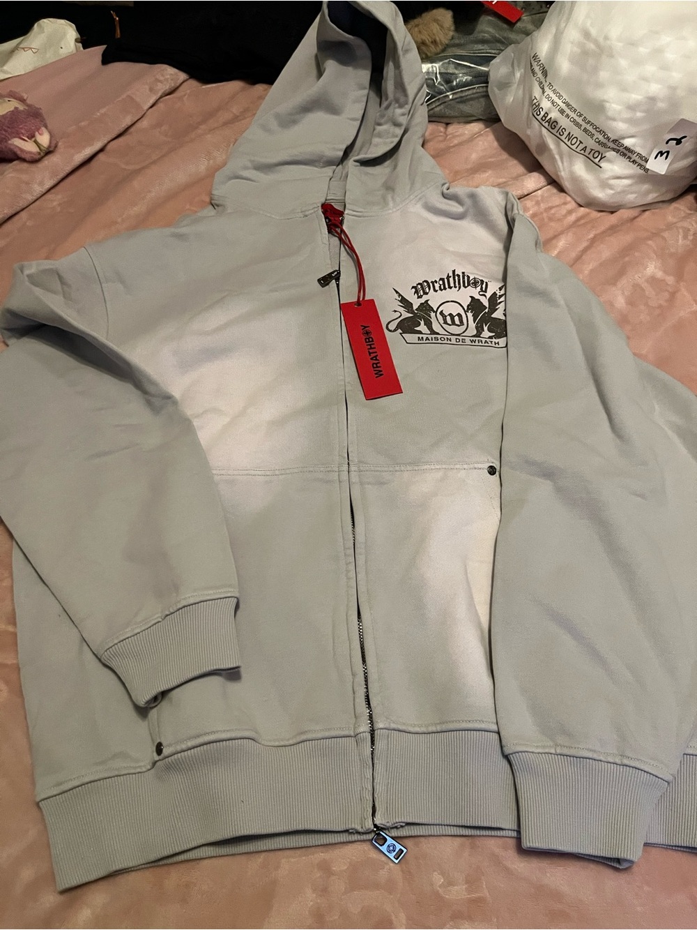Wrathboy Light Gray Full-Zip Hooded Sweatshirt